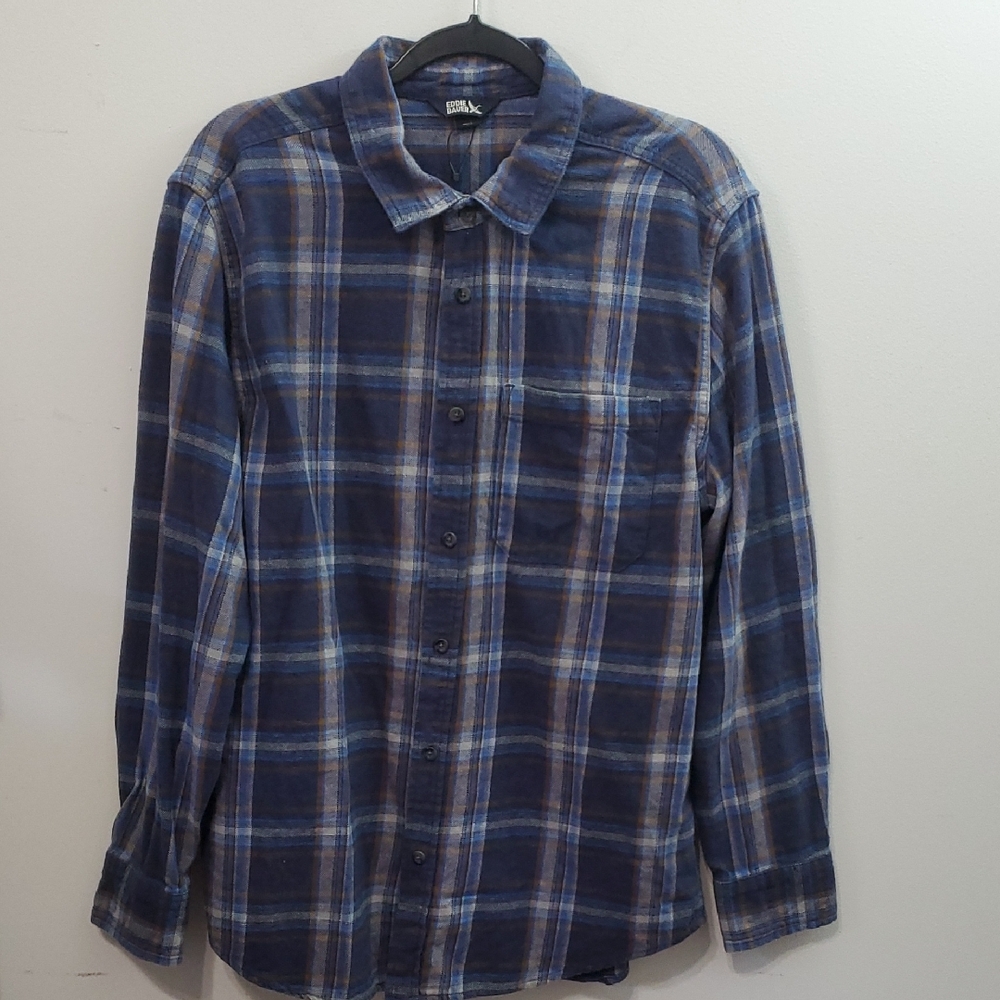 Eddie Bauer Blue and Brown Casual Button Down Shirt